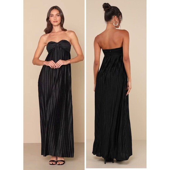 lulus Dresses & Skirts - Lulus Whimsical Beauty Black Satin Plisse Strapless Maxi Dress Size Small Formal